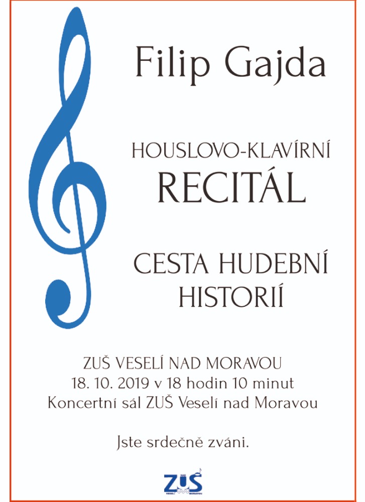 pozvánka - Filip Gajda: Houslovo - klavírní recitál - Cesta hudební historií. Koncertní sál ZUŠ 18. 10. 2019 v 18.10 hod.